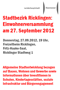 Stadtbezirk Ricklingen: Einwohnerversammlung am 27. September
