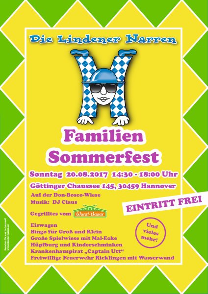 Familien-Sommerfest der Lindener Narren am Sonntag, 20. August 2017, von 14.30 bis 18.00 Uhr