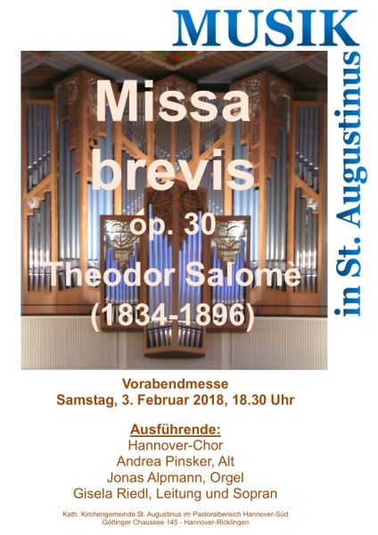 Musik in St. Augustinus: Missa brevis von Thèodor Salomè am Samstag, 3. Februar 2018, 18.30 Uhr