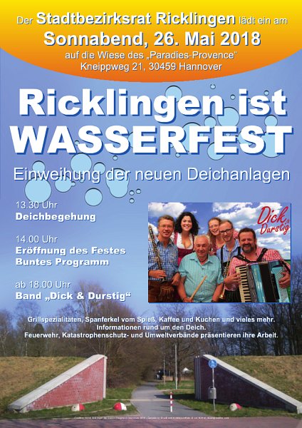 Ricklingen ist wasserfest - am Sonnabend, 26. Mai 2018 ab 13.30 Uhr im Paradies-Provence am Kneippweg 21, 30459 Hannover
