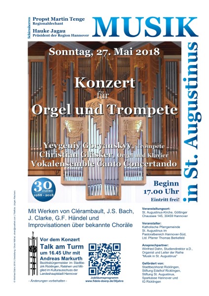 Konzert für Orgel und Trompete am Sonntag, 27. Mai 2018, 17 Uhr, in St. Augustinus, Göttinger Chaussee 145, 30459 Hannover