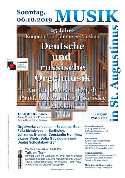 Orgelkonzert mit Prof. Alexander Fiseisky aus Moskau/Russland am 6. Oktober 2019
