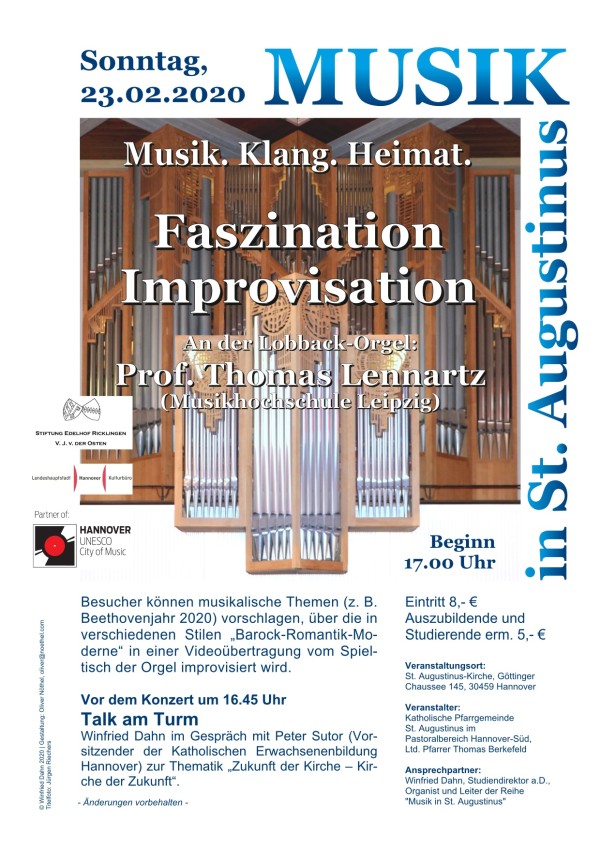 Musik. Klang. Heimat. Faszination Improvisation am 23. Fenruar 2020, 17 Uhr in St. Augustinus Hannover-Ricklingen