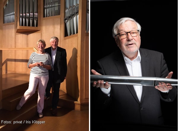 Ehepaar Christa und Winfried Dahn vor der Lobback-Orgel (Foto: privat) und Winfried Dahn mit der Orgelpfeife (Foto: Iris Klöpper)