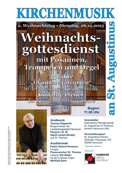 Weihnachtsgottesdienst mit Posaunen, Trompeten und Orgel zum Mitsingen am 2. Weihnachtstag, 26.12.2023, 11.00 Uhr in St. Augustinus